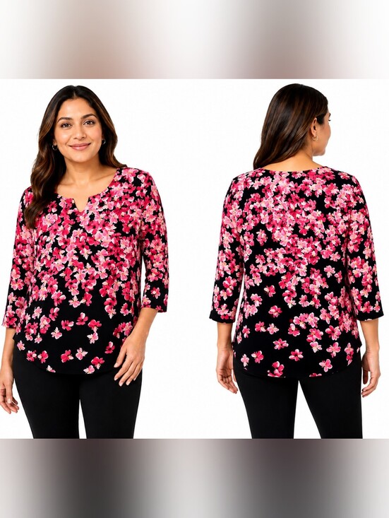 Calvin Klein Tops - Calvin Klein Black Pink Floral Top Size M  3/4 Sleeve